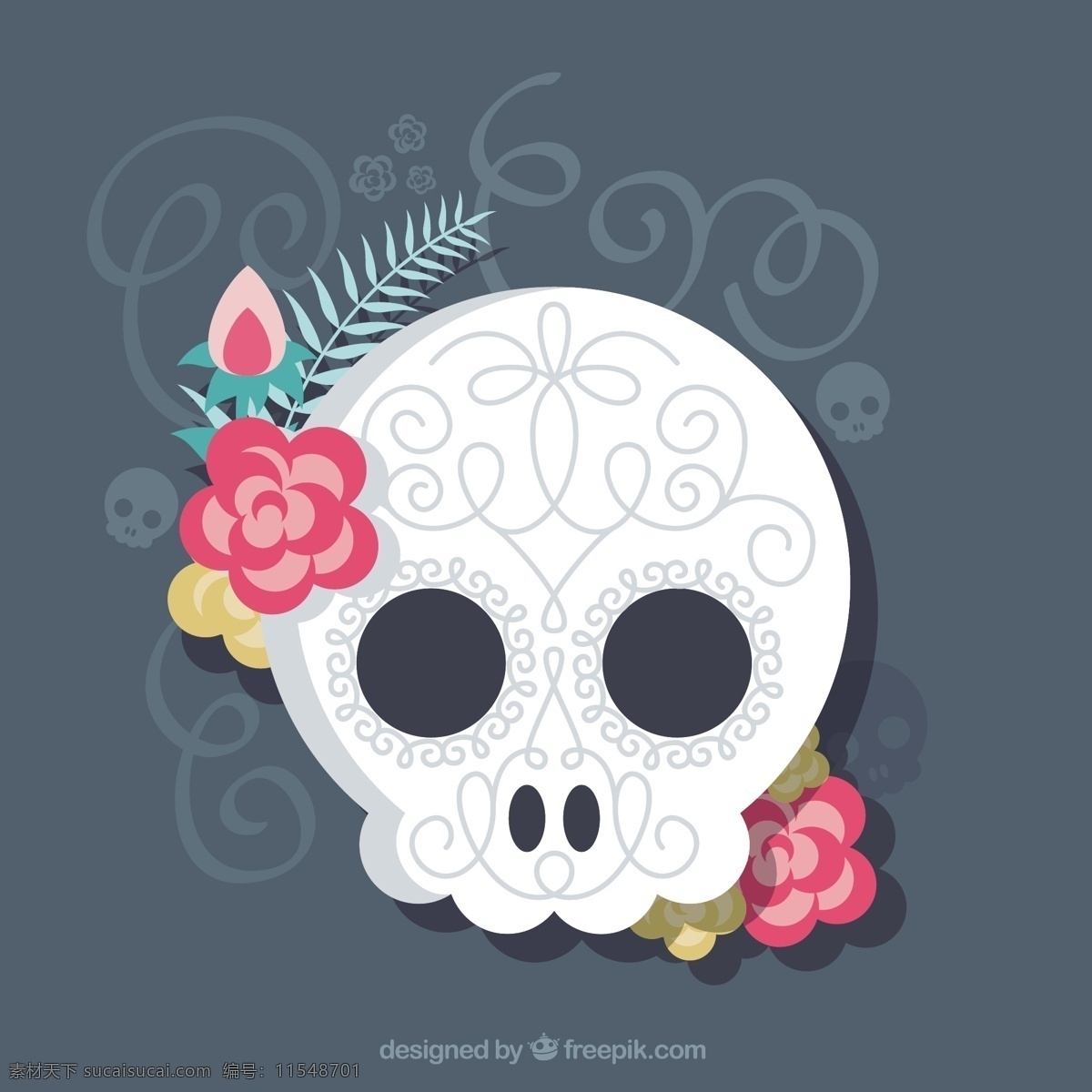 扁平 装饰 头骨 背景 花卉 自然 花卉背景 颜色 平面 丰富多彩 花卉装饰 平面设计 自然背景 骨骼