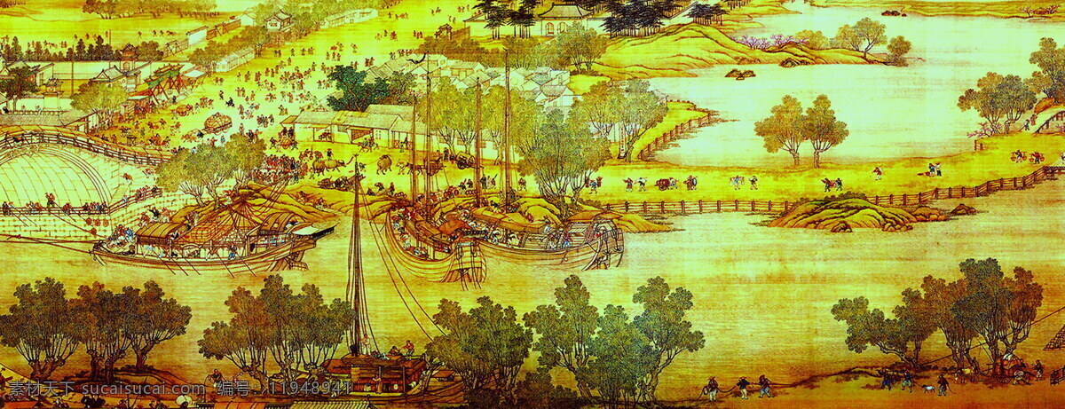 清明上河图 文化艺术 传统文化 画轴 线条图 古画 美术绘画 名画 国画 书画文字 黄色