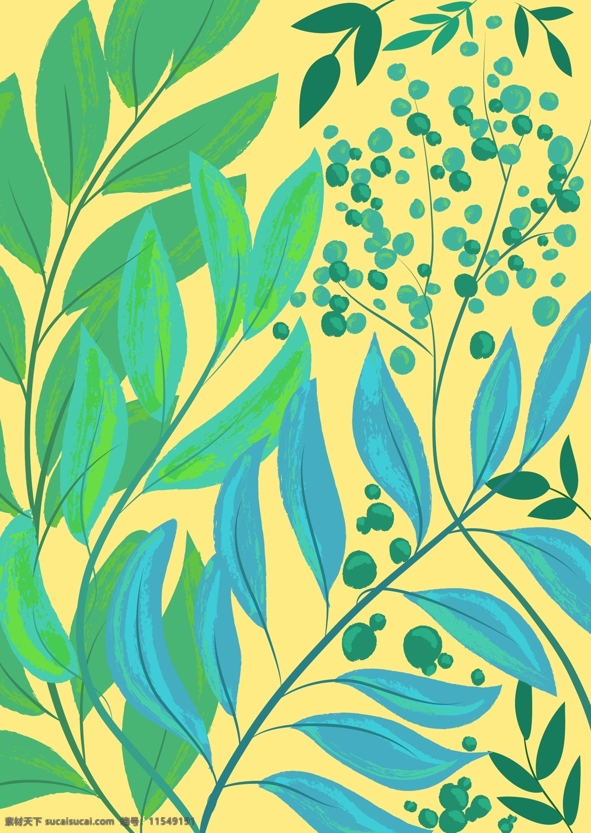 绿叶植物花纹 矢量 手绘 绿叶 纹理 黄蓝色 底纹 花纹 插画 底纹边框 背景底纹