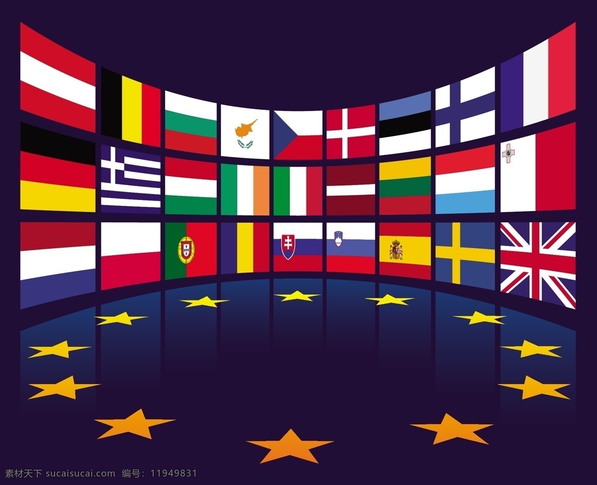欧盟 各国 国旗 组合 矢量 立体图 星星 欧盟国家 国旗模版 矢量图