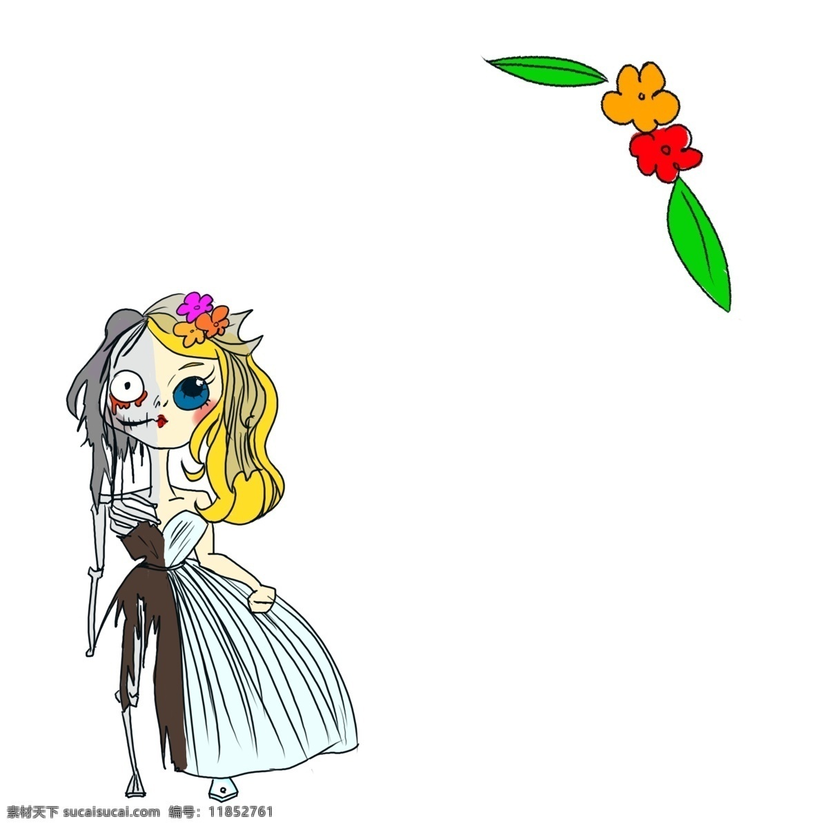 万圣节 卡通 手绘 插画 边框 绿色的叶子 植物 手绘插画 僵尸新娘 化妆误会 橙色的花朵 可爱的公主 恐怖的丧尸
