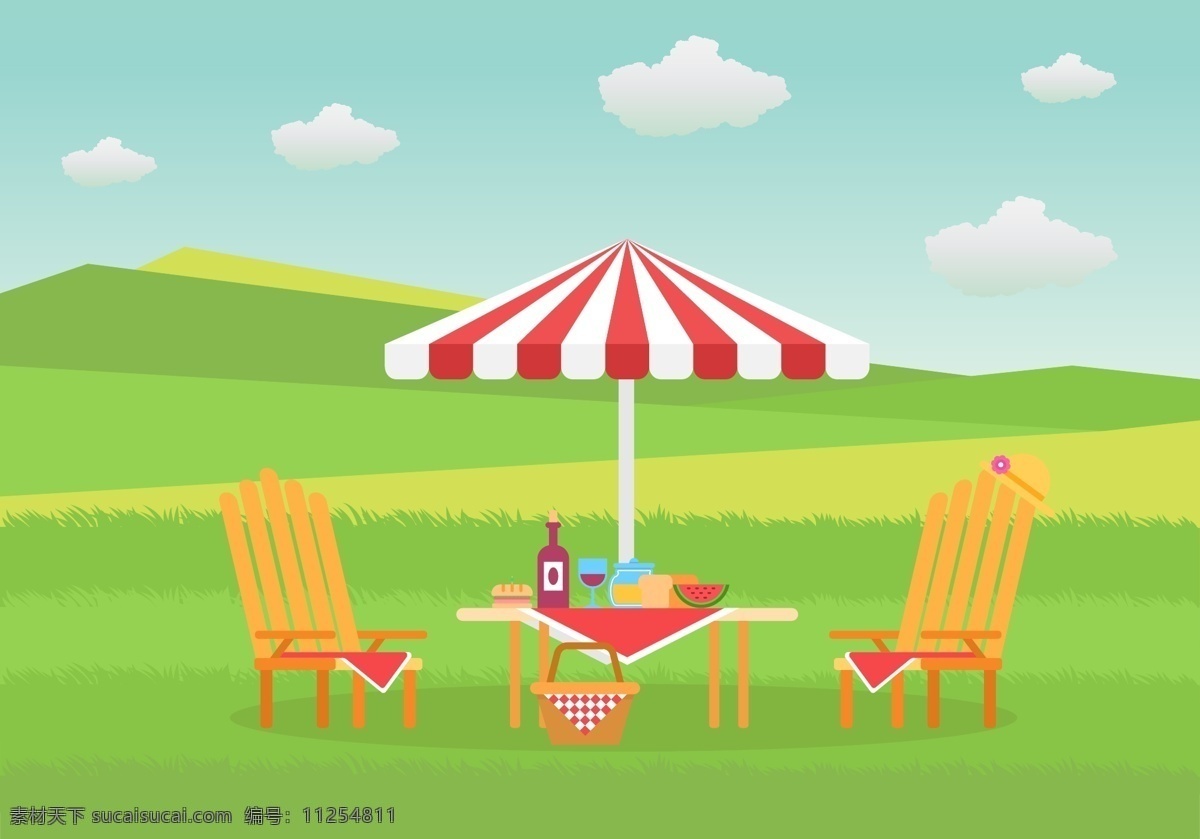 草地 餐桌 矢量 伞 凳子 矢量素材 酒 用餐