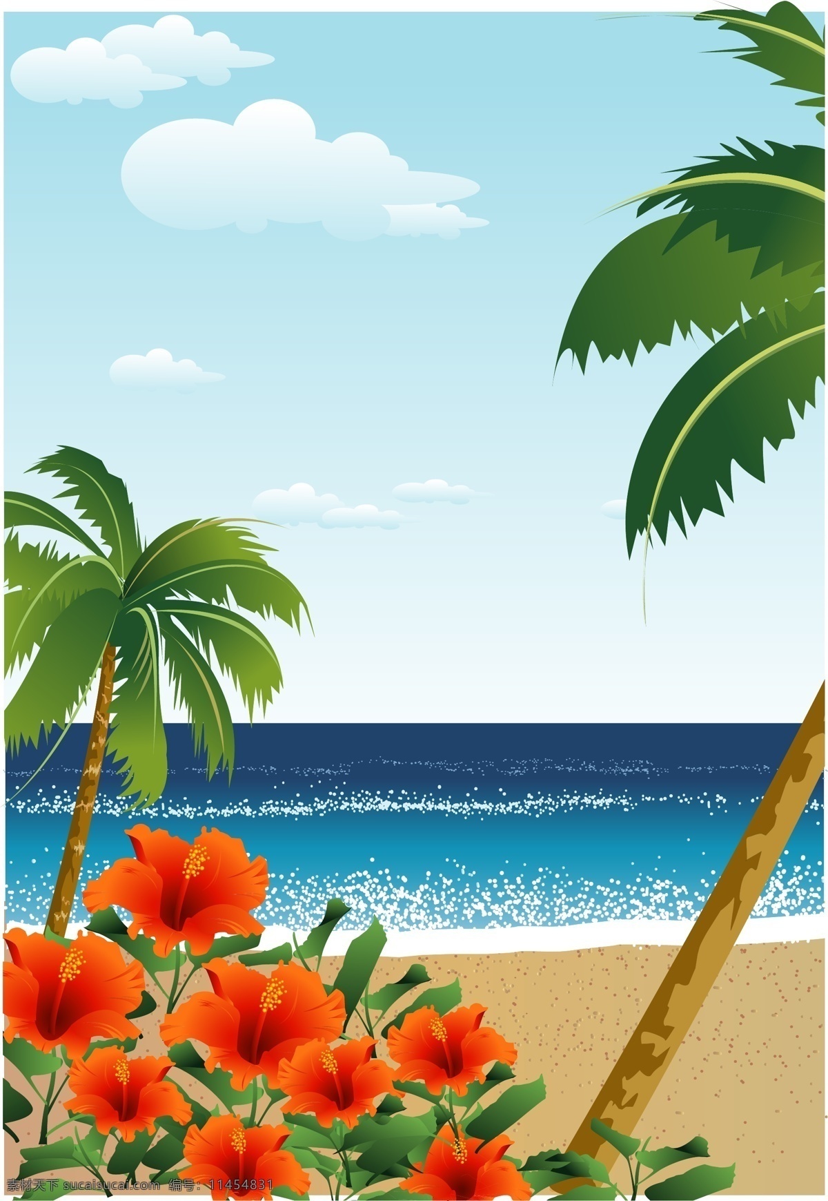 波光粼粼 海面 沙滩 盛开 扶 桑花 朵朵 海滩 　 椰树 自然景观 自然风景 矢量图库