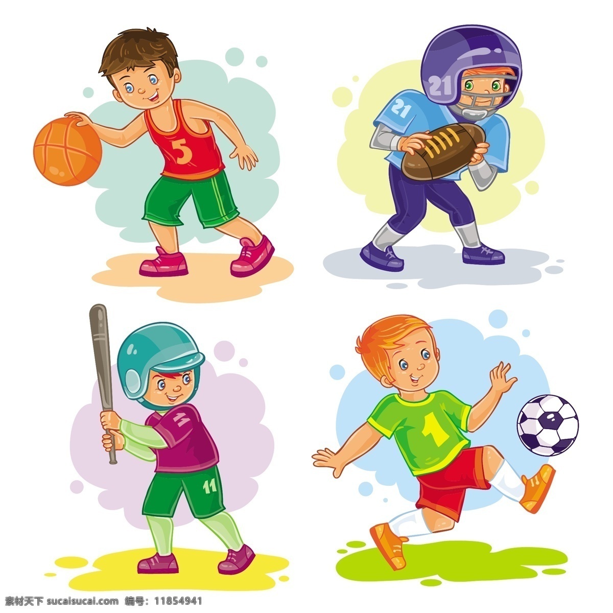 可爱 卡通 男孩 打球 运动 矢量 打篮球 橄榄球 棒球 足球 休闲 学生 儿童 孩子 插画 动漫动画 动漫人物