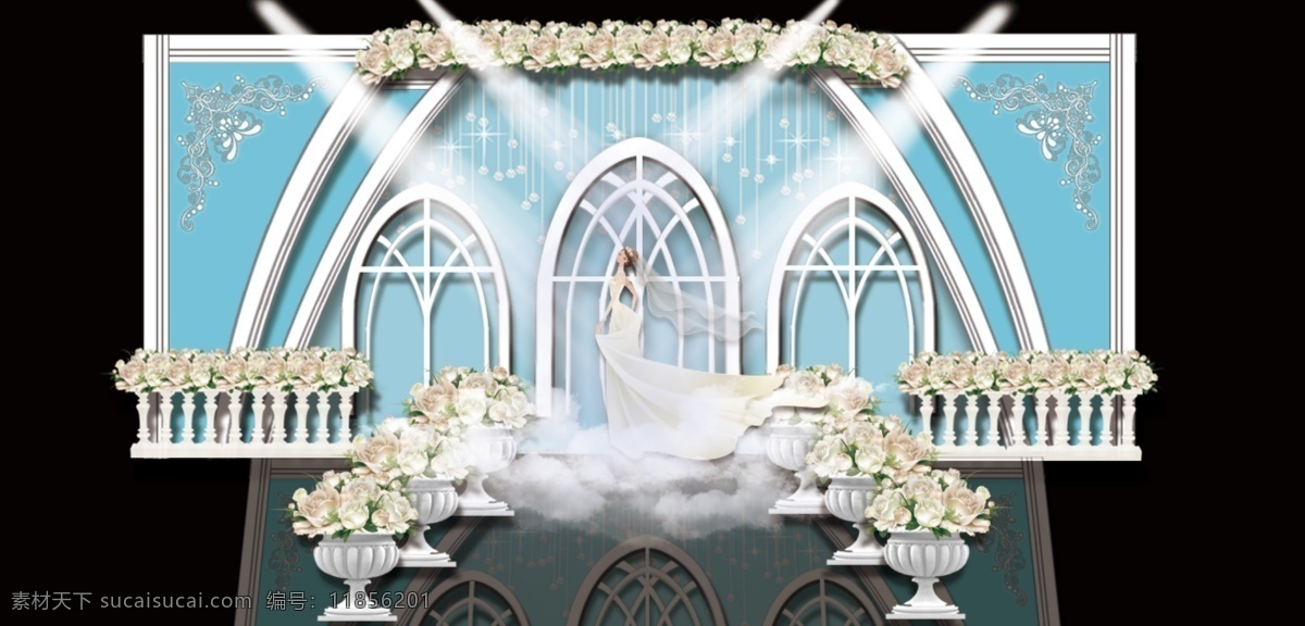 蓝色 城堡 主题 婚礼 舞美 效果图 蓝色婚礼 排花 新娘 路引 双层 大气唯美