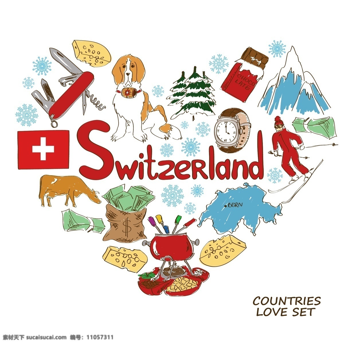 瑞士国家元素 瑞士 国家元素 国家象征 国家图标 手绘 矢量 设计素材库 文化艺术 绘画书法
