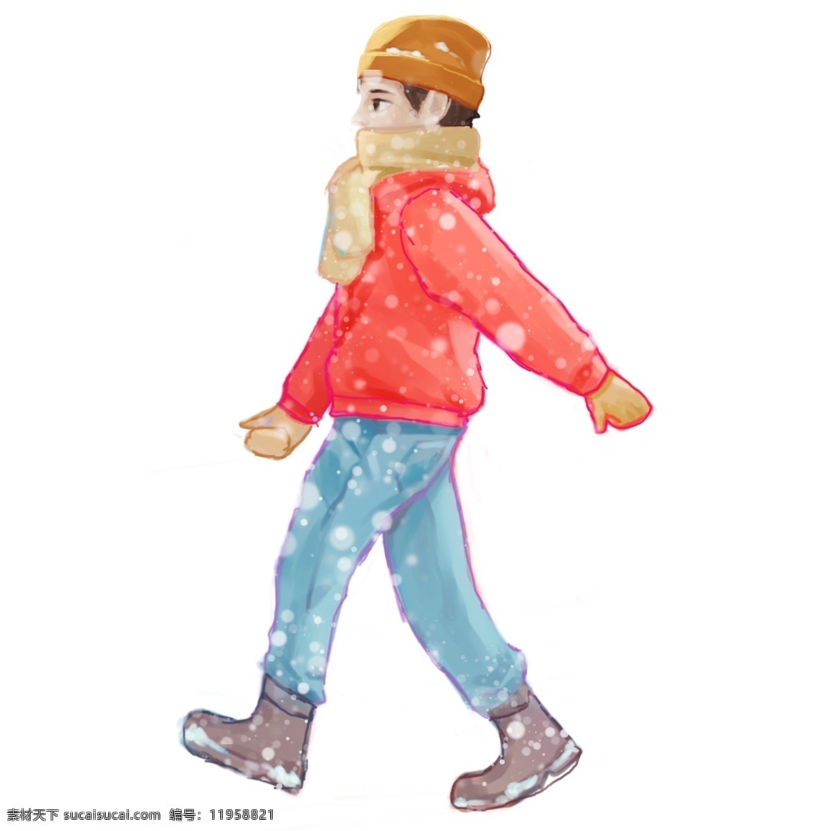 彩绘 冬季 大雪 中 走路 小 男孩 漫画 人物 插画 雪花 人物设计 psd设计