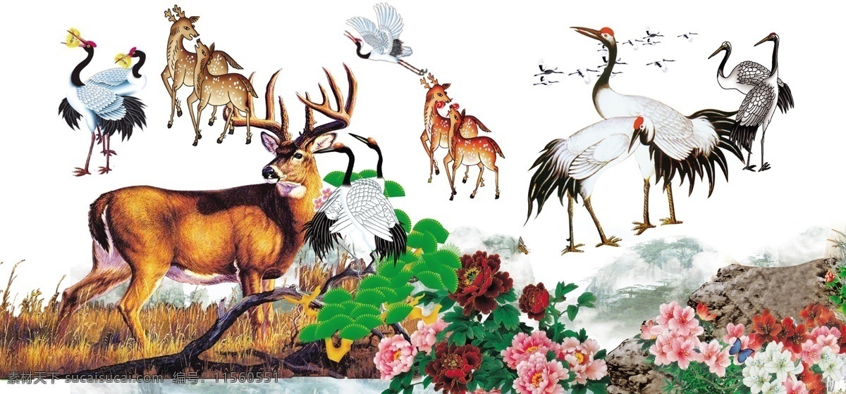 鹤 鹿集合动物 梅花鹿 仙鹤 手绘 飞鹤 矢量 传统 挂轴 春节 用品 生物世界 野生动物