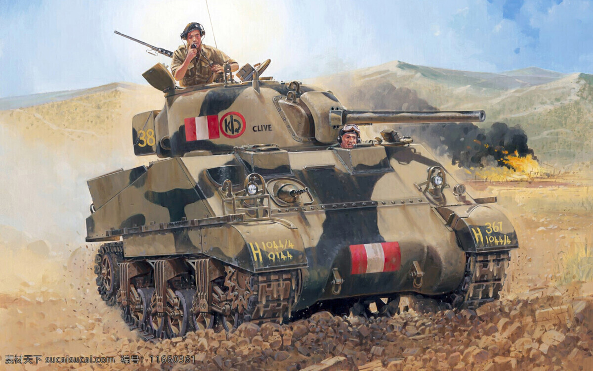 二战 英军 谢尔曼 坦克 绘画作品 绘画 士兵 英国 战场 战争场面 插画集
