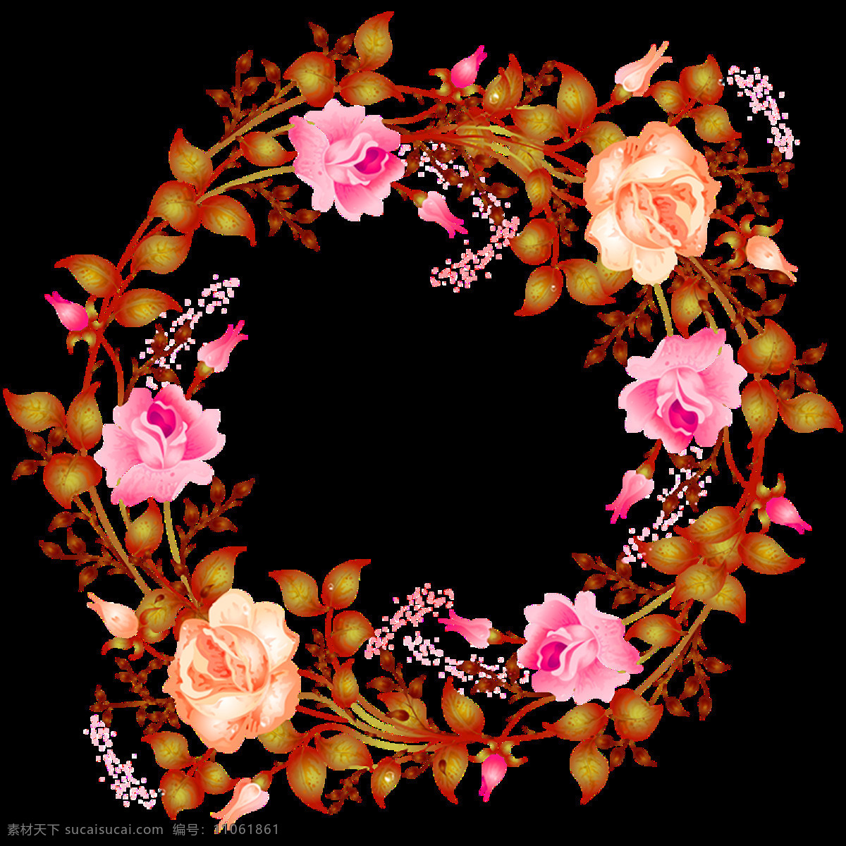 深 粉色 盛开 玫瑰花 手绘 花环 装饰 元素 花瓣 花环图案 文雅风格 圆形