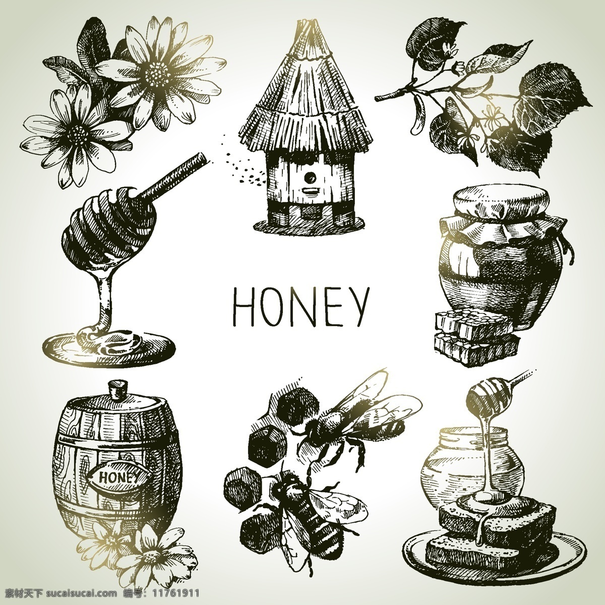 手绘 蜜蜂 蜂蜜 蜜蜂插画 花朵 蜂蜜图标 蜜糖图标 蜂蜜标志 蜜罐 蜂巢 生活百科 矢量素材 白色