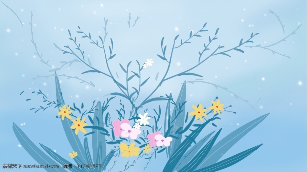 蓝色 唯美 叶子 植物 背景 背景素材 卡通背景 梦幻 小花 插画背景 广告背景 psd背景 手绘背景