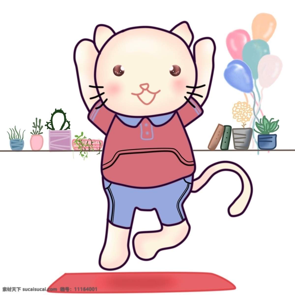 卡通 小 清新 可爱 手绘 瑜伽 猫 商用 元素 运动 气球 小清新 做操猫 小猫 猫咪 简单 做操 瑜伽垫 免抠 矢量 平面设计 运动服 植物 装饰