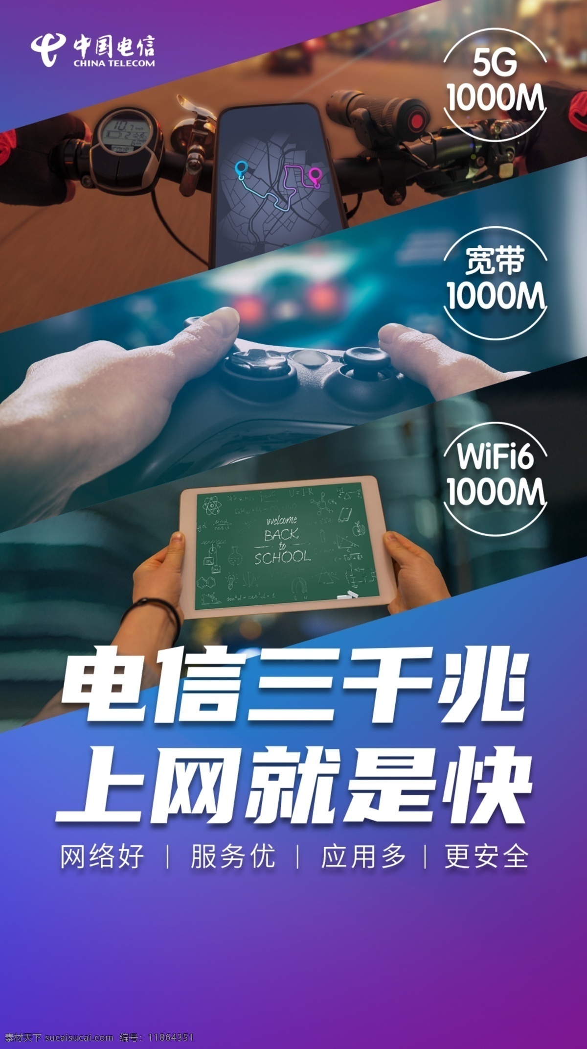 中国电信 三 千兆 海报 5g 三千兆 自行车 导航 游戏 平板