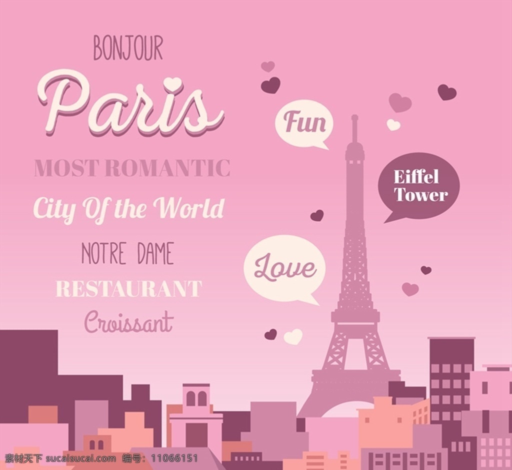 埃菲尔铁塔 海报 巴黎 爱心 语言气泡 楼房 旅行 矢量 高清图片