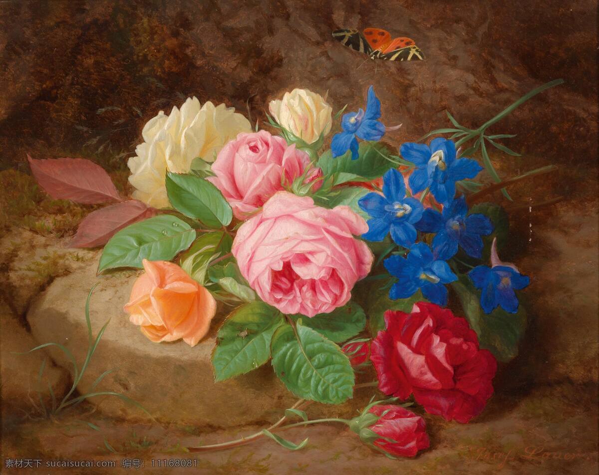 玫瑰和蝴蝶 约瑟夫 劳尔 作品 静物鲜花 蝴蝶 混搭鲜花 野外 19世纪油画 油画 绘画书法 文化艺术