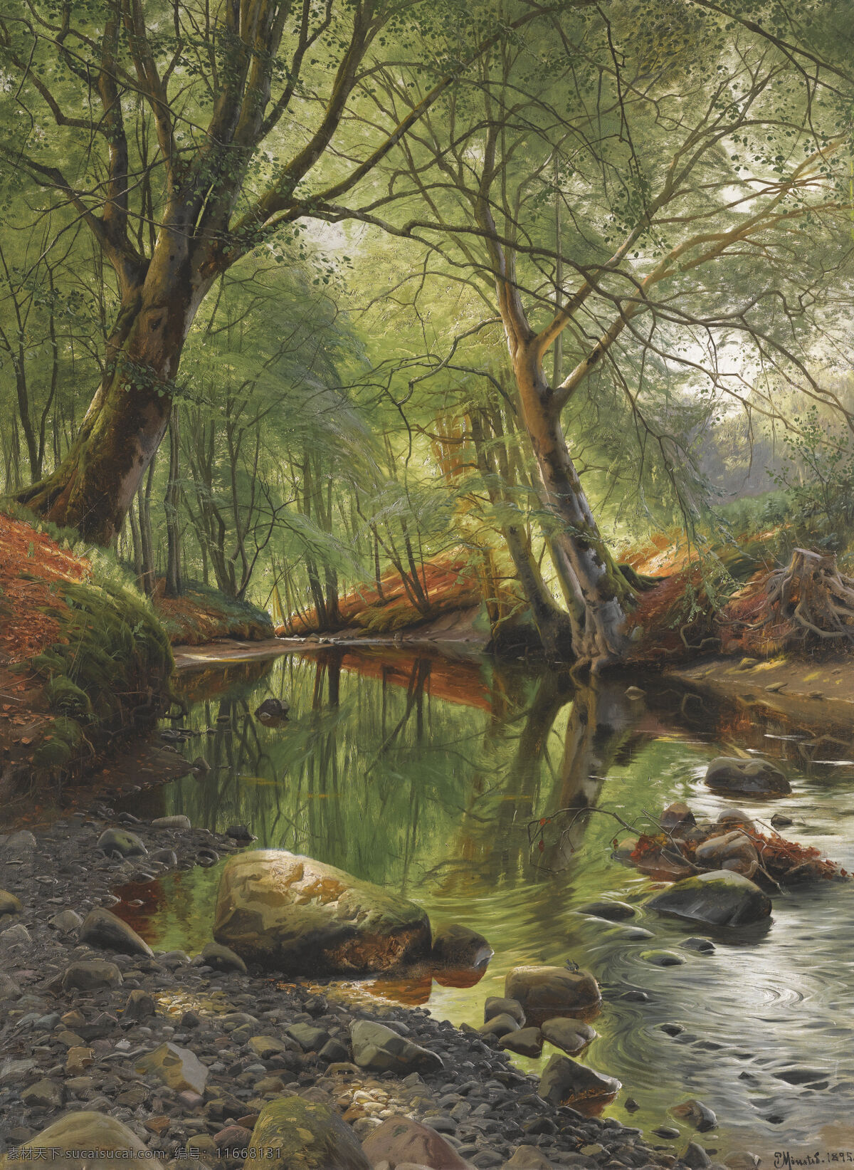 小溪 旁边 树 玄关 油画 风景图片 环保 环境 大自然 自然景观 自然风景 文化艺术 绘画书法