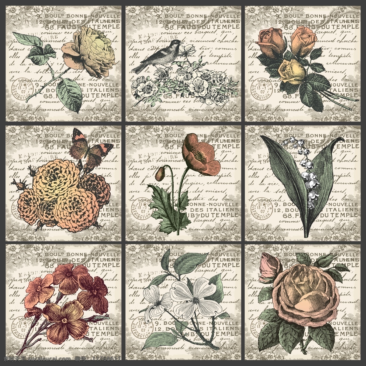 复古 欧美 中世纪 花朵 画报 矢量 矢量素材 设计素材