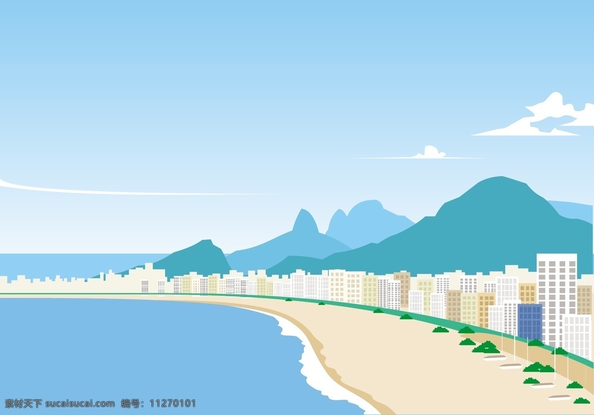 海滩景观插画 景观插画 海滩 海滩插画 城市背景 矢量素材 沙滩 剪贴画