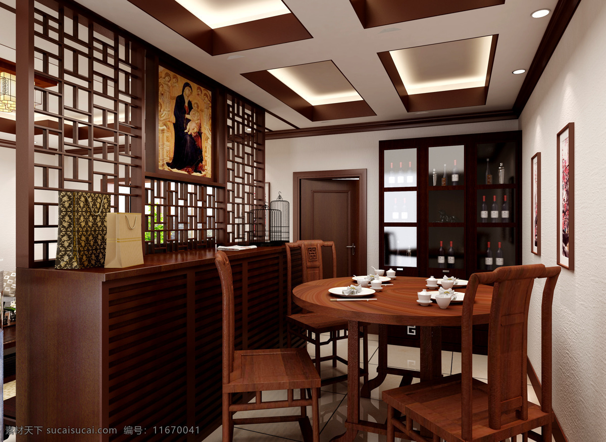 中式 餐厅 效果图 木做家具 吊顶造型 酒柜 室内 3d设计 3d作品