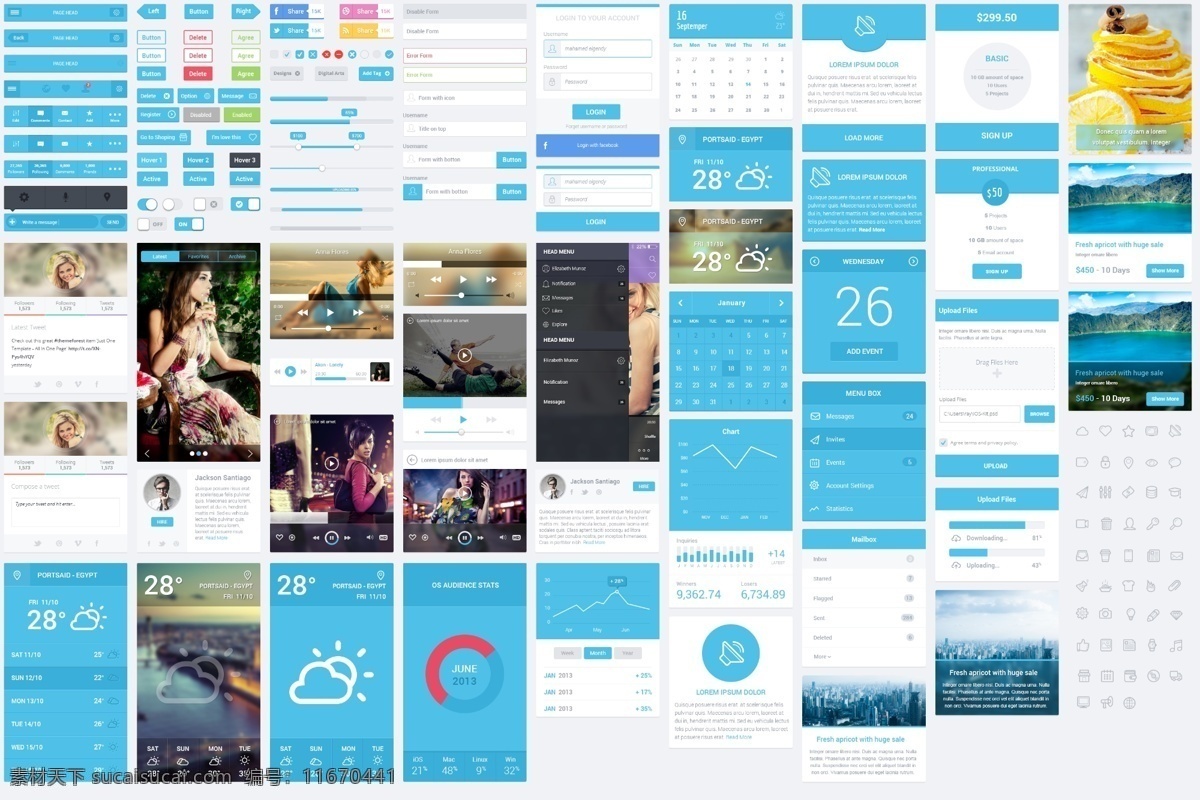 手机 组件 ui 源文件 mobile 播放器 登录 分享 进度条 日历 手机ui 手机应用 天气 flatastic kit 用户 温度 音乐 psd源文件