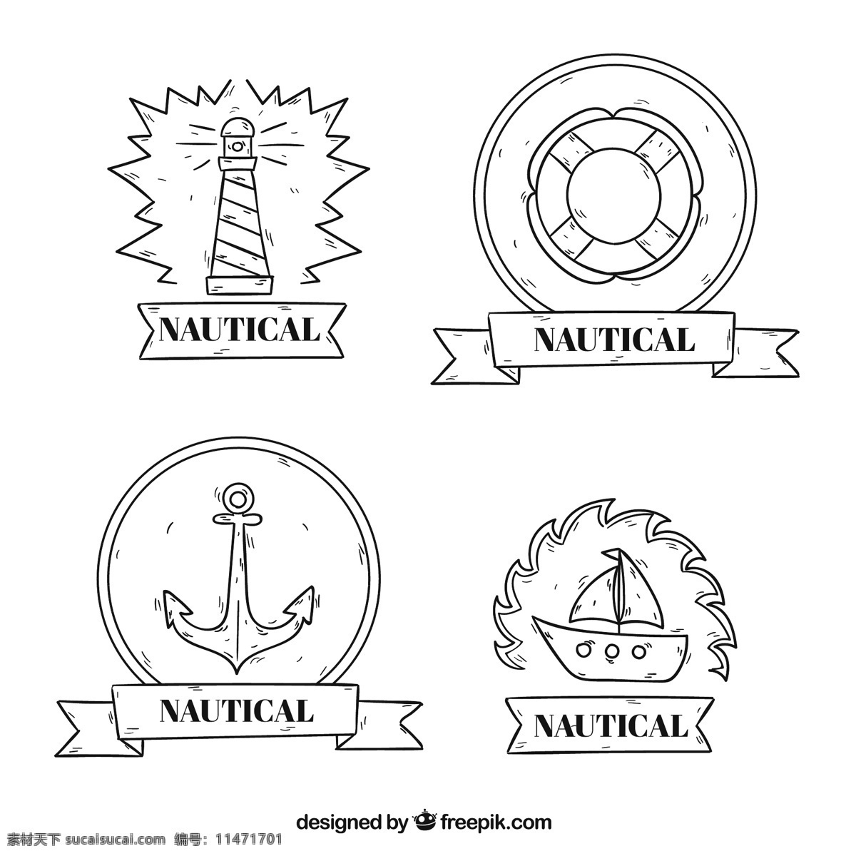 草图 设置 以及 徽章 标签 手 章 海 手画 丝带 锚 航海 海洋 绘图 贴纸 元素 生命 灯塔 水手 海军