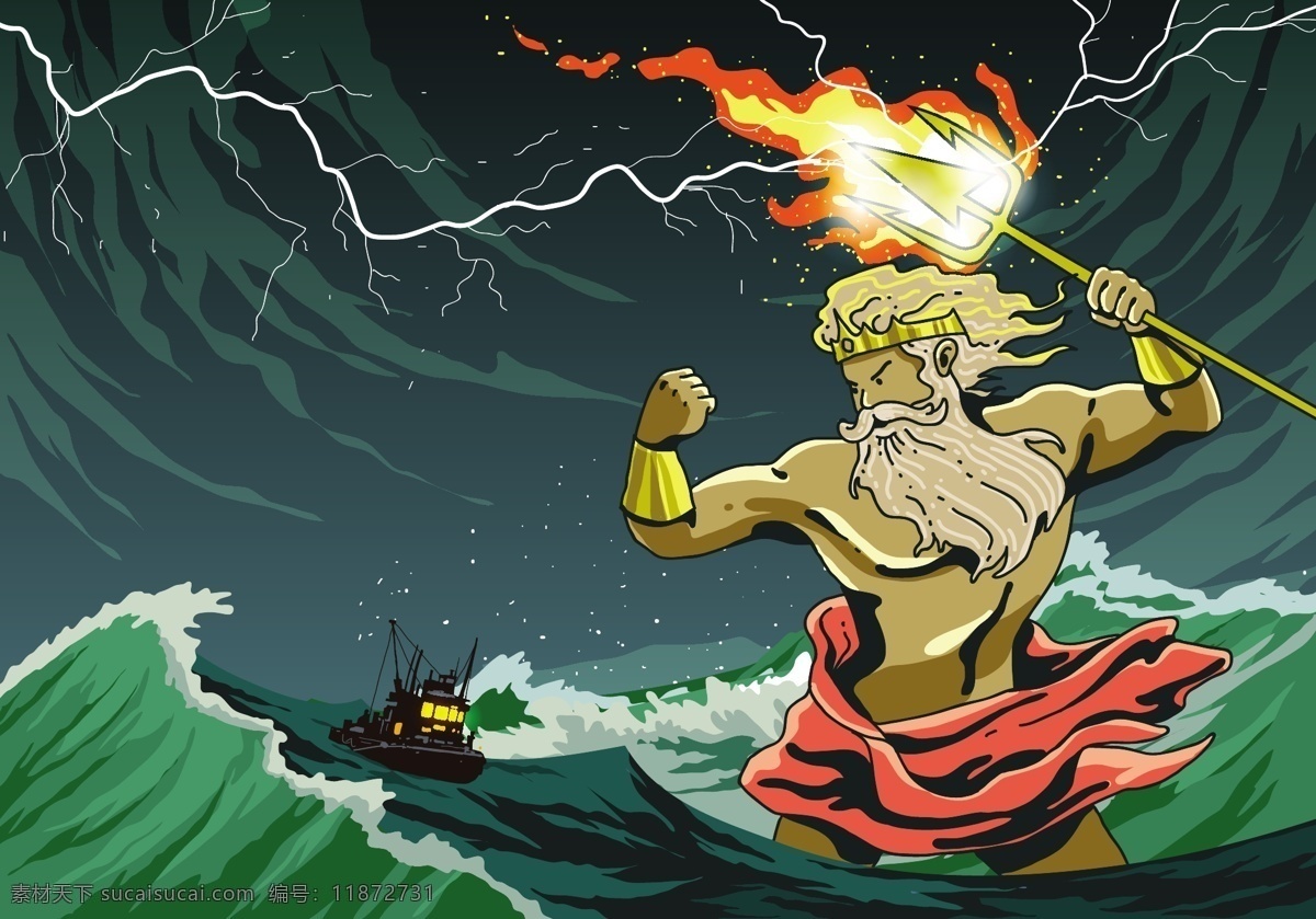 希腊 神话故事 海神 火把 神话 故事 插画 大海 闪电 天空下雨 文化艺术 宗教信仰