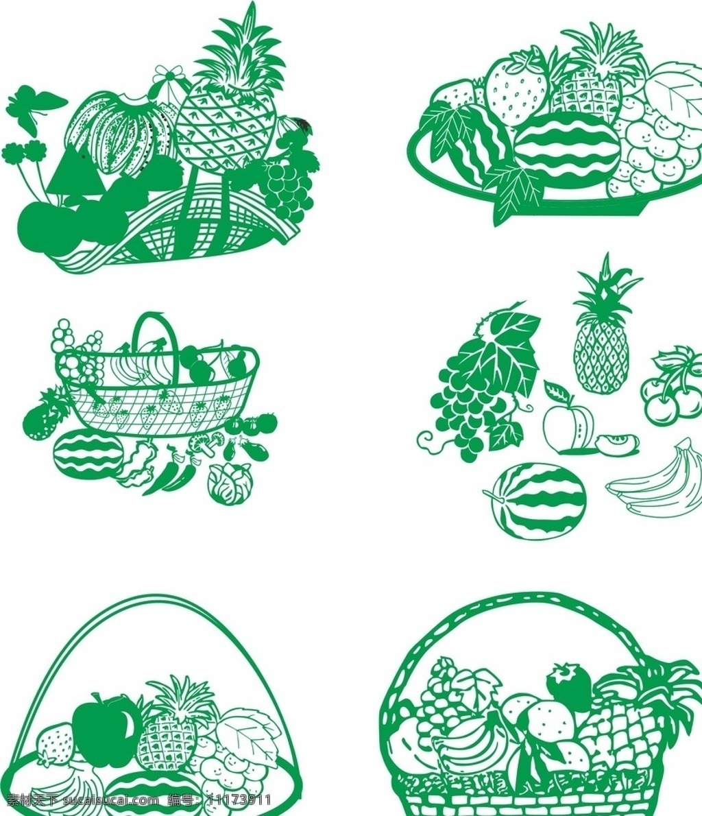各种水果篮 水果 果篮 蔬菜 拼盘 篮子 植物 食物 插画 矢量图 水果萌 标志图标 其他图标