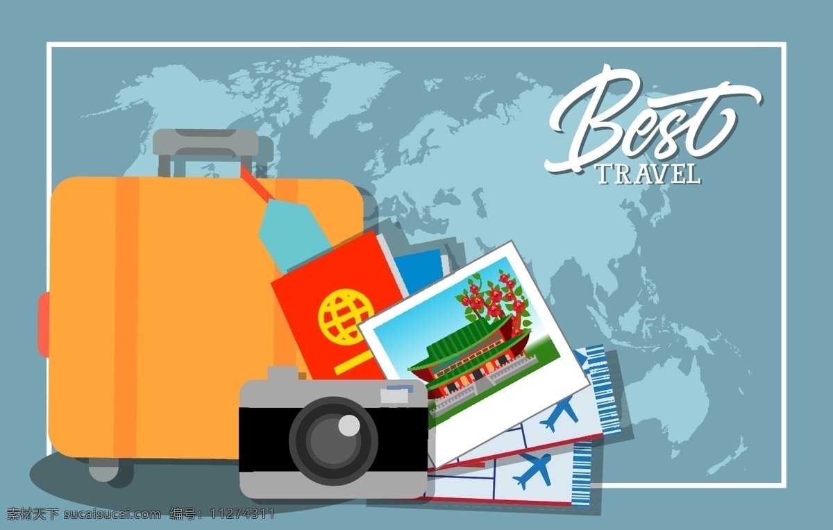 旅游背景设计 背景 旅行 地图 相机 壁纸 颜色 色彩的背景下 护照 行李箱 五颜六色 照片 背景颜色 登机牌 通过 彩色
