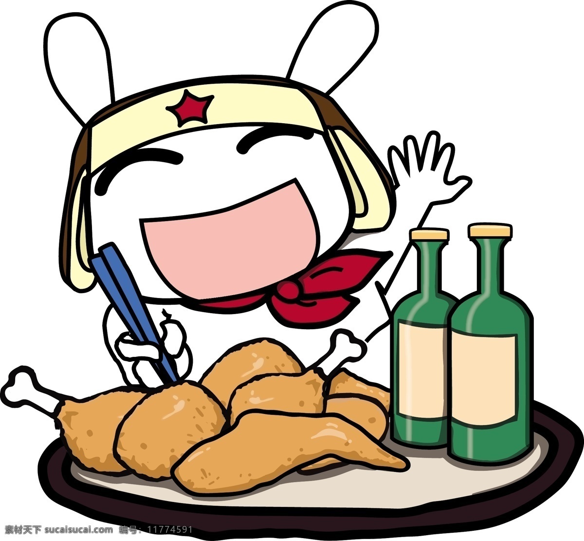 兔子 啤酒 炸鸡 图案 帽子 红星 美食 吃货 矢量图 动漫动画