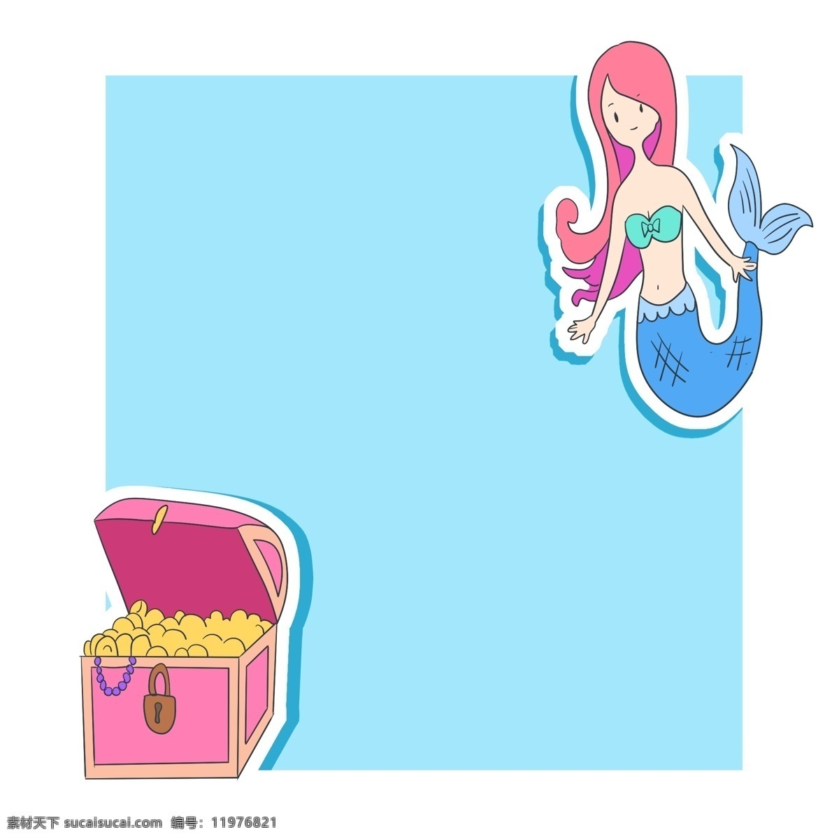 卡通 美人鱼 装饰 边框 美人鱼边框 粉色的宝箱 蓝色边框 创意边框 可爱的边框 文本框 卡通边框插画