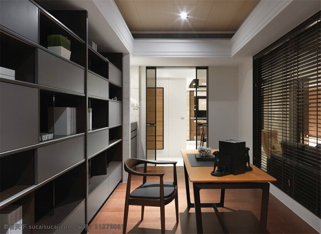 简约 书房 书桌 装修 效果图 白色射灯 方形吊顶 灰色墙壁 门框 木地板 书柜
