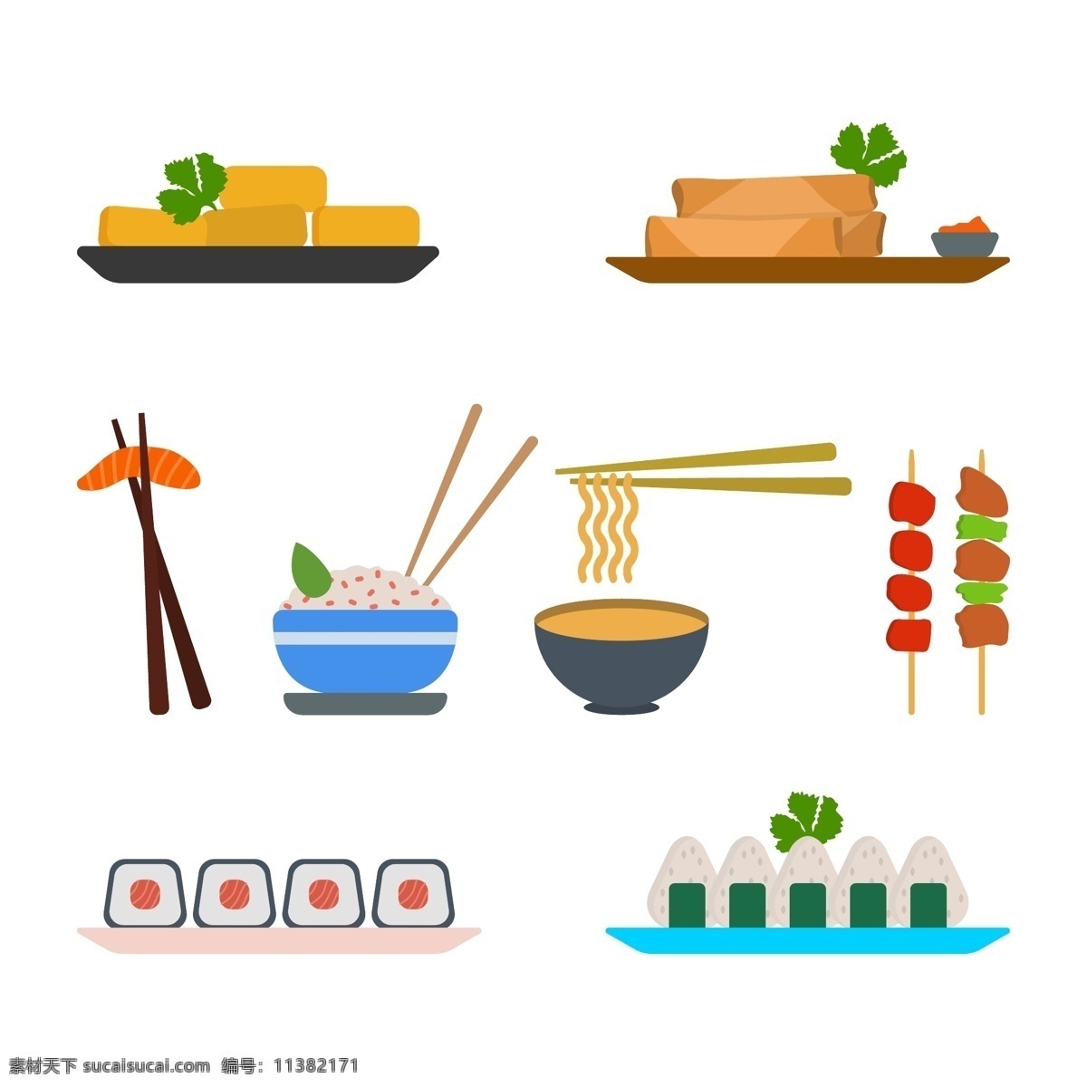手绘 矢量 亚洲 食物 饭团 米饭 面条 日本食物 日式料理 矢量素材 手绘插画 手绘食物 寿司 亚洲食物