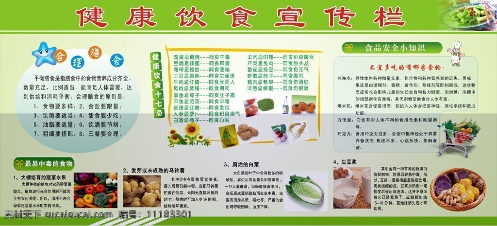 健康饮食 宣传栏 合理膳食 健康饮食忌口 食品安全知识 易中毒食物 蔬菜图片 水果图 绿色背景 向日葵