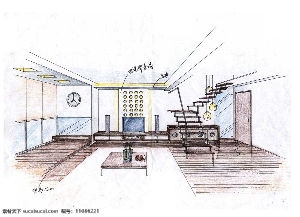 电视 背景 墙 环境设计 客厅 楼梯设计 室内设计 效果图 手绘效果图 天花吊顶设计 地面铺装设计 装饰素材