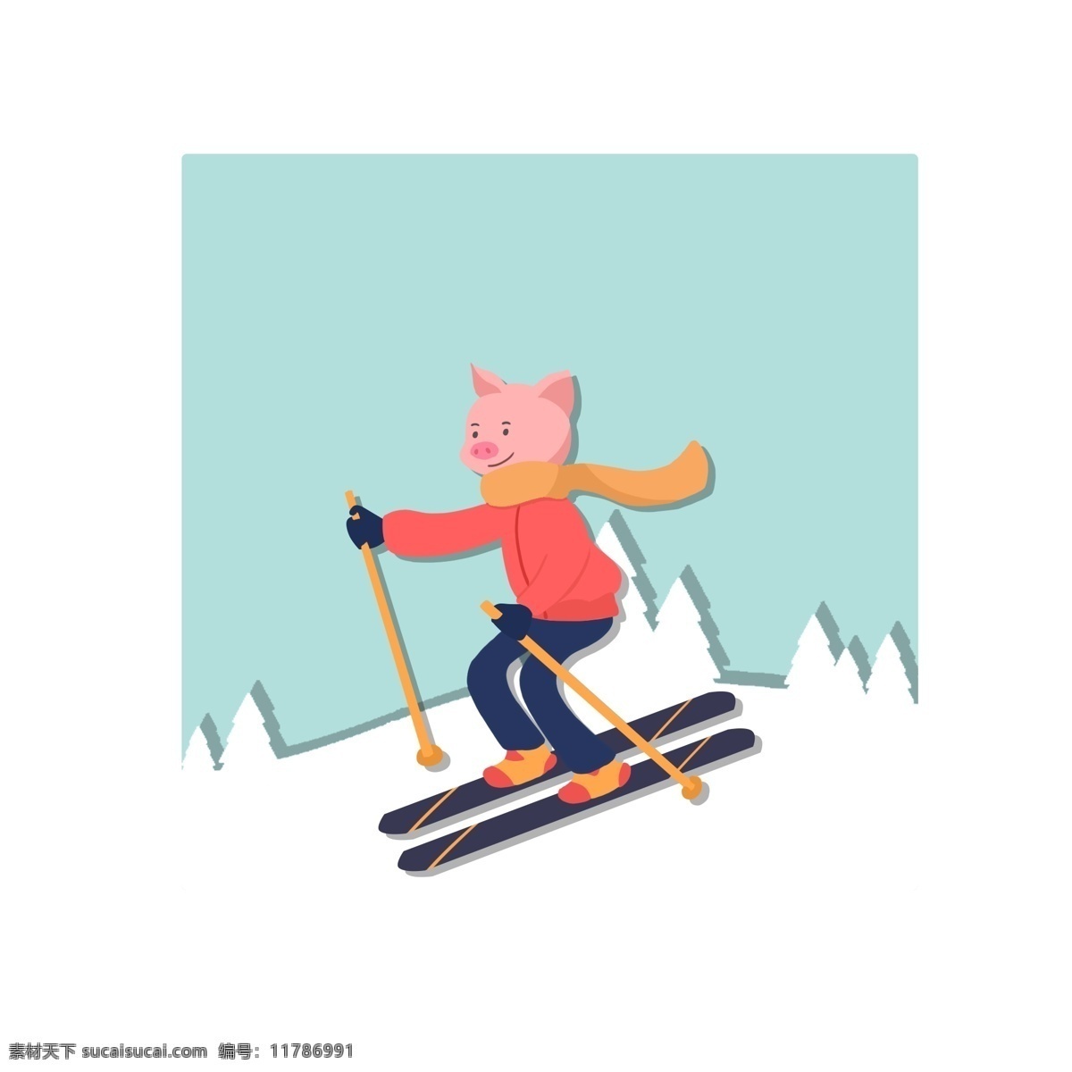 原创 冬季 元素 小 猪 滑雪 商用 小猪 雪景 卡通