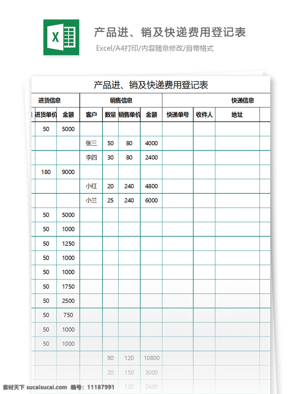 产品进 销 快递 费用 登记表 excel 表格 表格模板 图表 表格设计 明细表 包裹 收件 发件 寄件