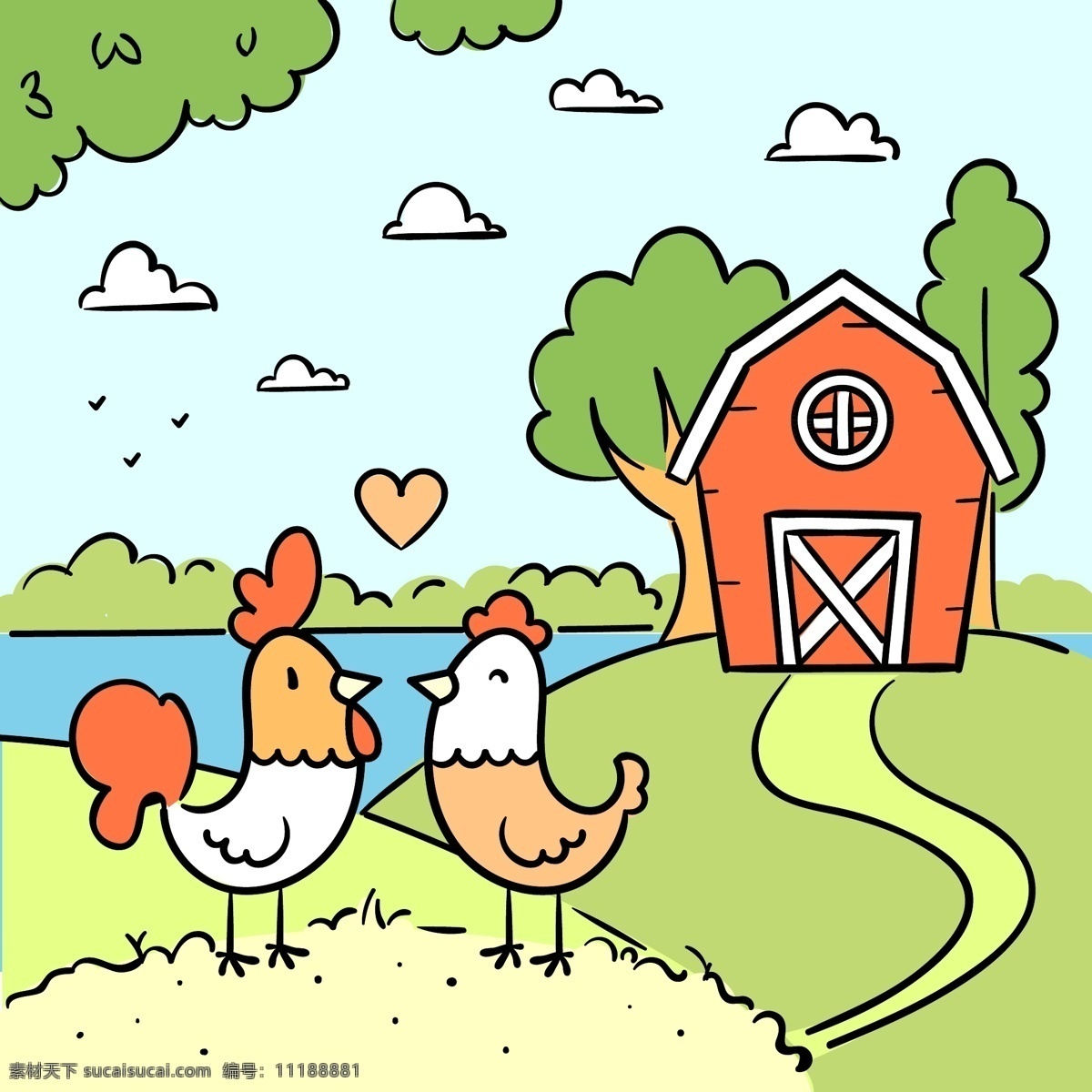 卡通农场插画 场景 房子 卡通 农场 插画 小鸟