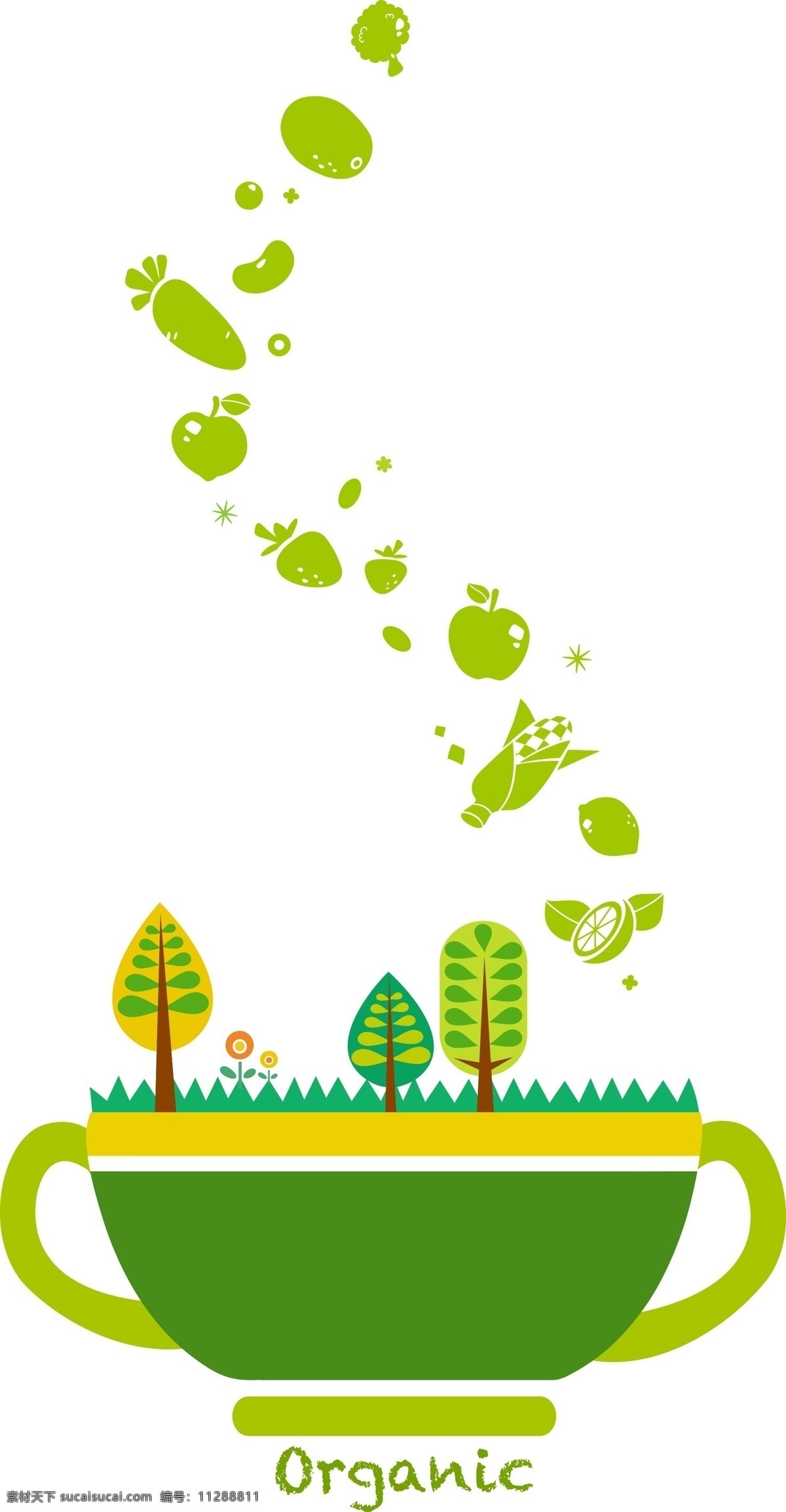 绿色环保 矢量 插画 茶杯 花 环保 绿色 能源 蔬菜 树 水果 矢量图 现代科技