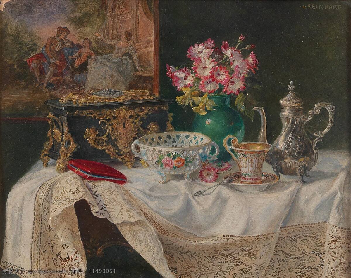 静物油画 白色印花桌布 锡壶 珐琅彩茶杯 果盘 绿色花瓶 19世纪油画 油画 文化艺术 绘画书法