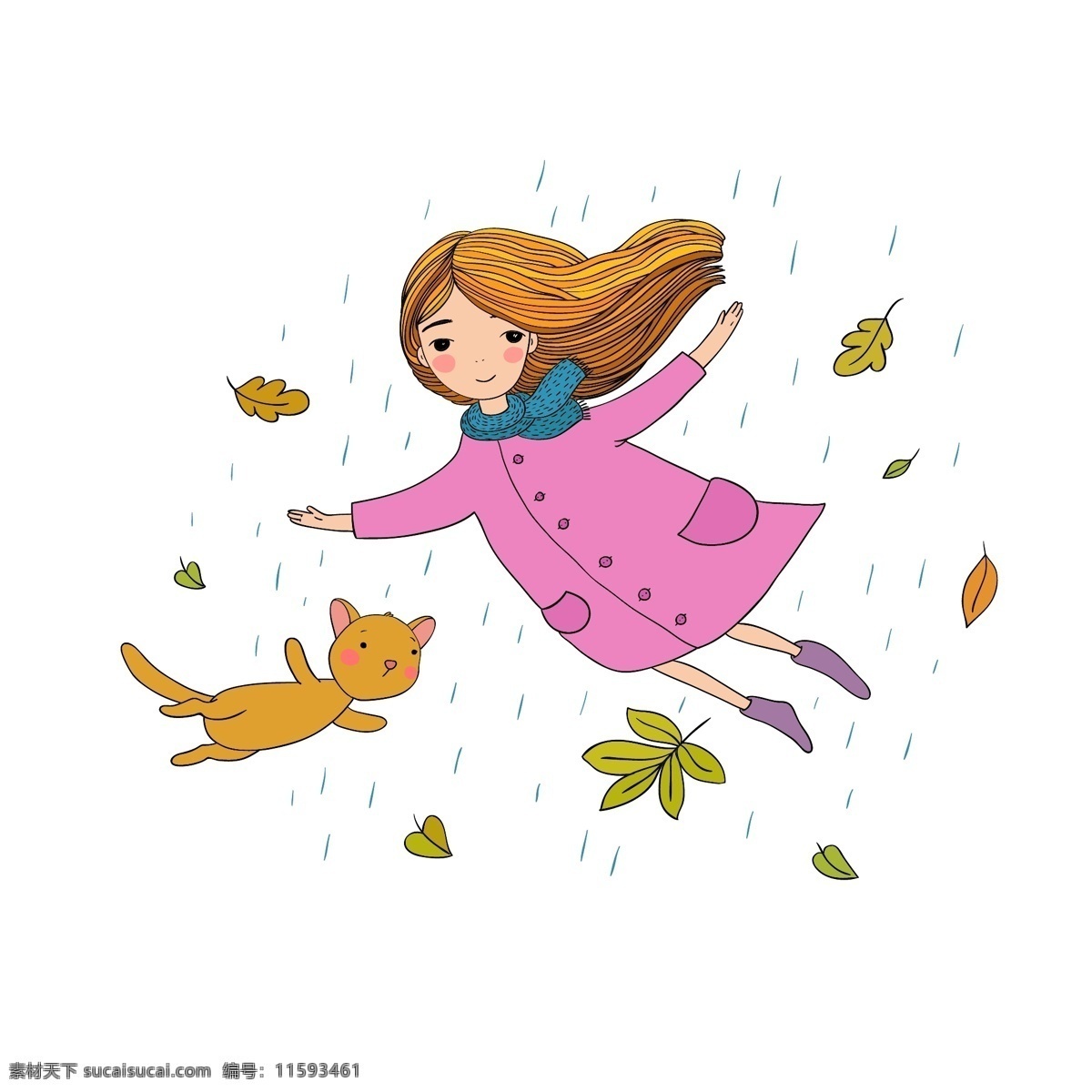 小女孩 树叶 矢量 下雨 雨天 飞舞的树叶 玩偶 漂浮 卡通女孩 卡通插画 绘画艺术 矢量素材 卡通绘画 卡通设计