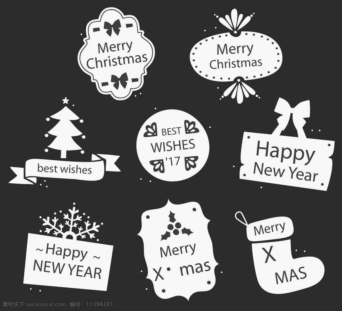 白色 圣诞节 英文 标签 蝴蝶结 雪花 矢量素材 圣诞树 圣诞袜 糖果