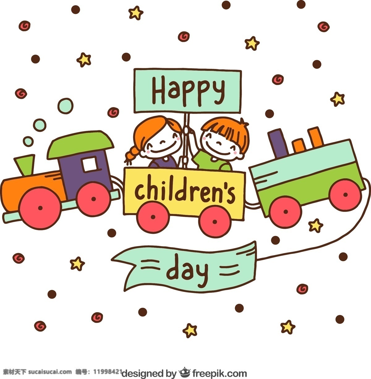 可爱 儿童节 玩具 火车 上 孩子 条幅 星星 水玉点 happy childrens day 玩具火车 儿童 贺卡 六一 动漫动画 动漫人物