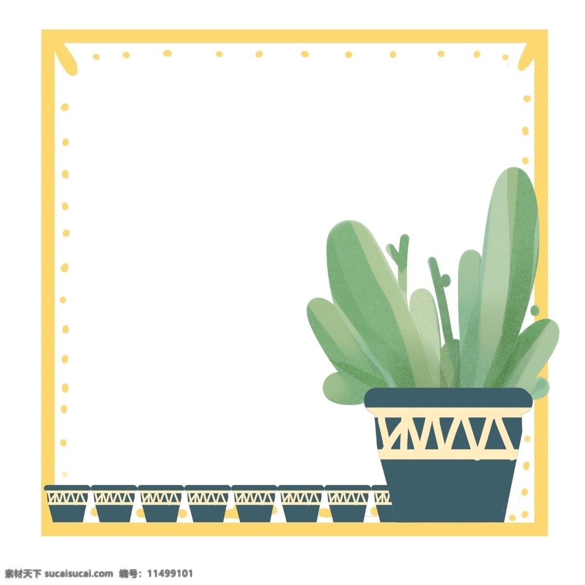 小 叶子 黄色 虚线 边框 手绘卡通小物 植物盆栽 简约清新 蓝色花盆 圆头叶片