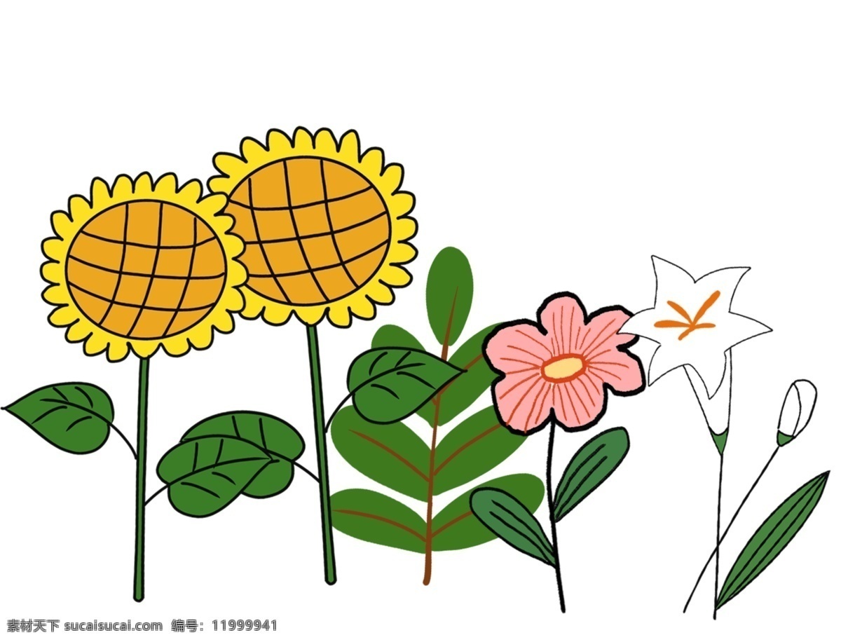 很多花 花 植物 葵花 向日葵 小花 百合花 百合 花瓣 花朵 绿叶 红花 花盘 花园 扁平风花朵 儿童节素材 幼儿绘画素材 分层