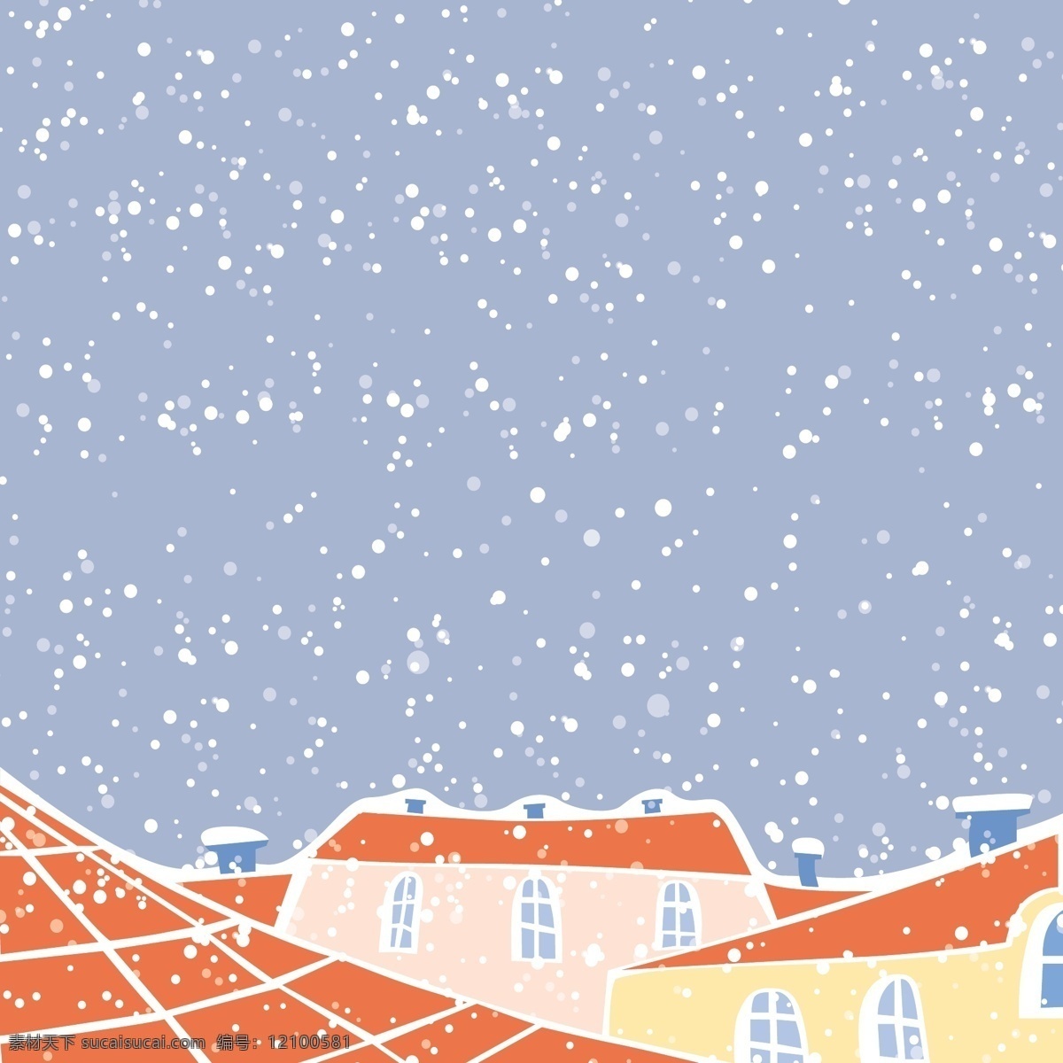 下雪 城市 插画 风景 背景 矢量 蓝天 积雪 红色 屋顶卡通 手绘