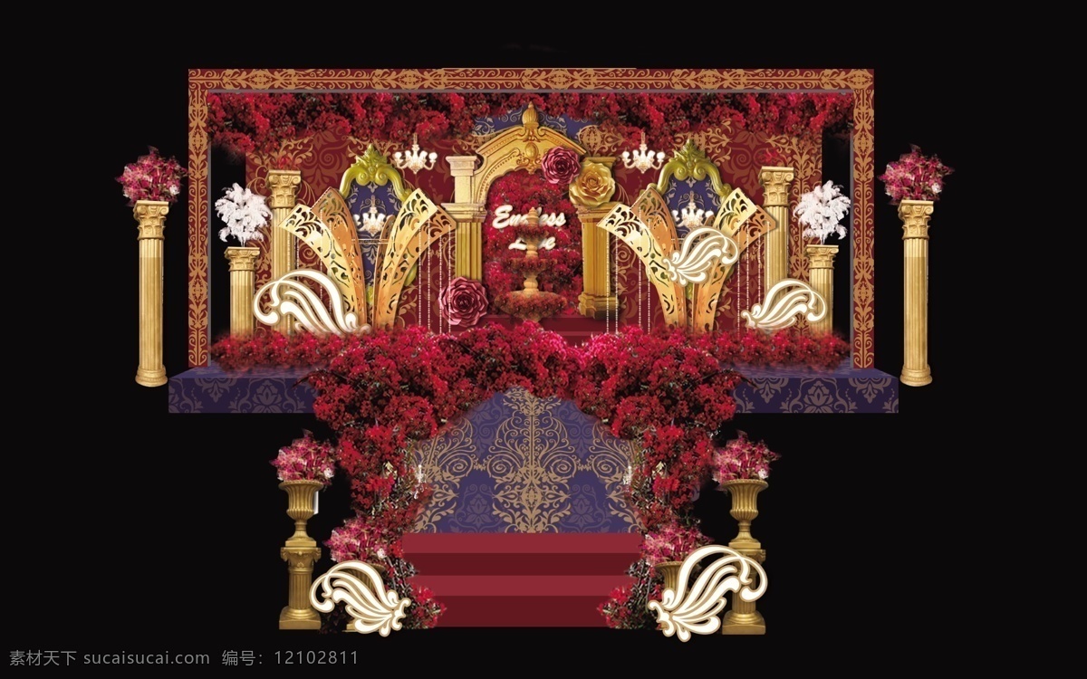 舞台 简约 工装 效果图 婚礼 欧式 罗马柱 金色 红金 花墙 水晶灯 泡雕