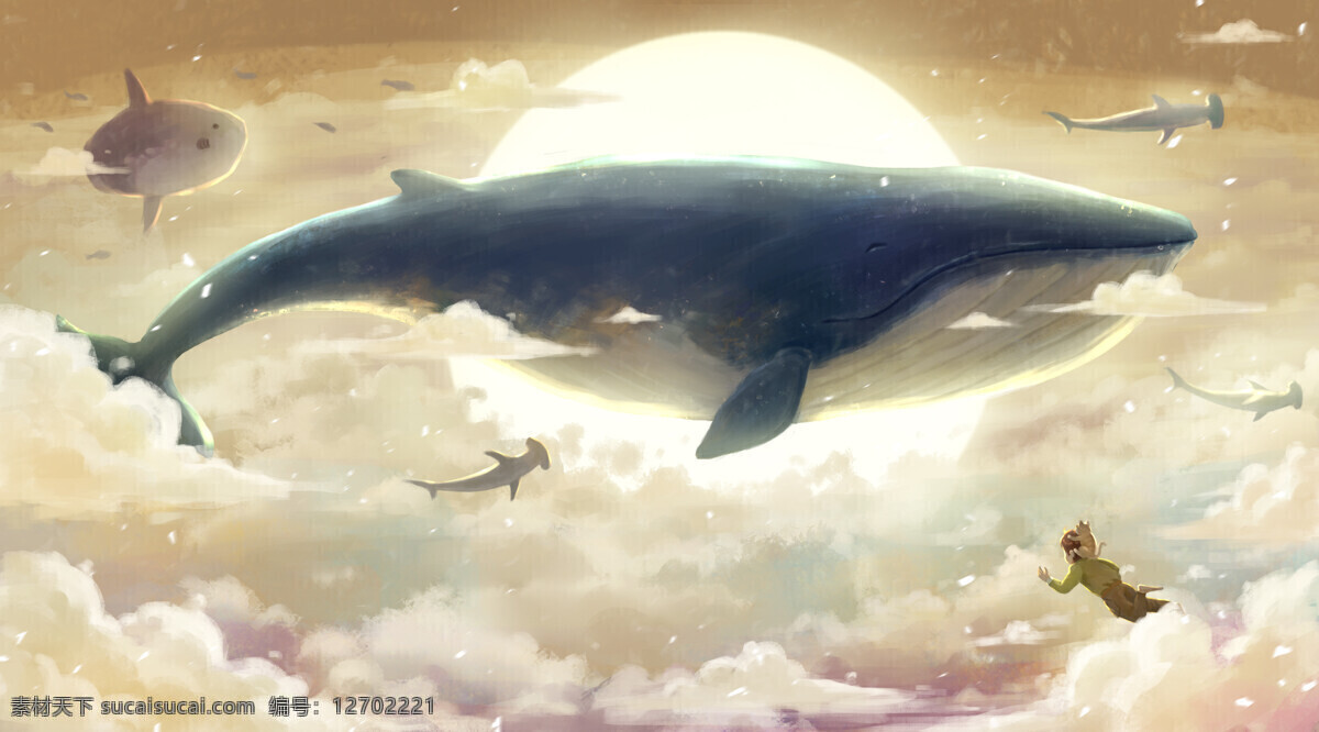 鲸鱼 云朵 云层 天空 梦幻 插画 卡通 背景