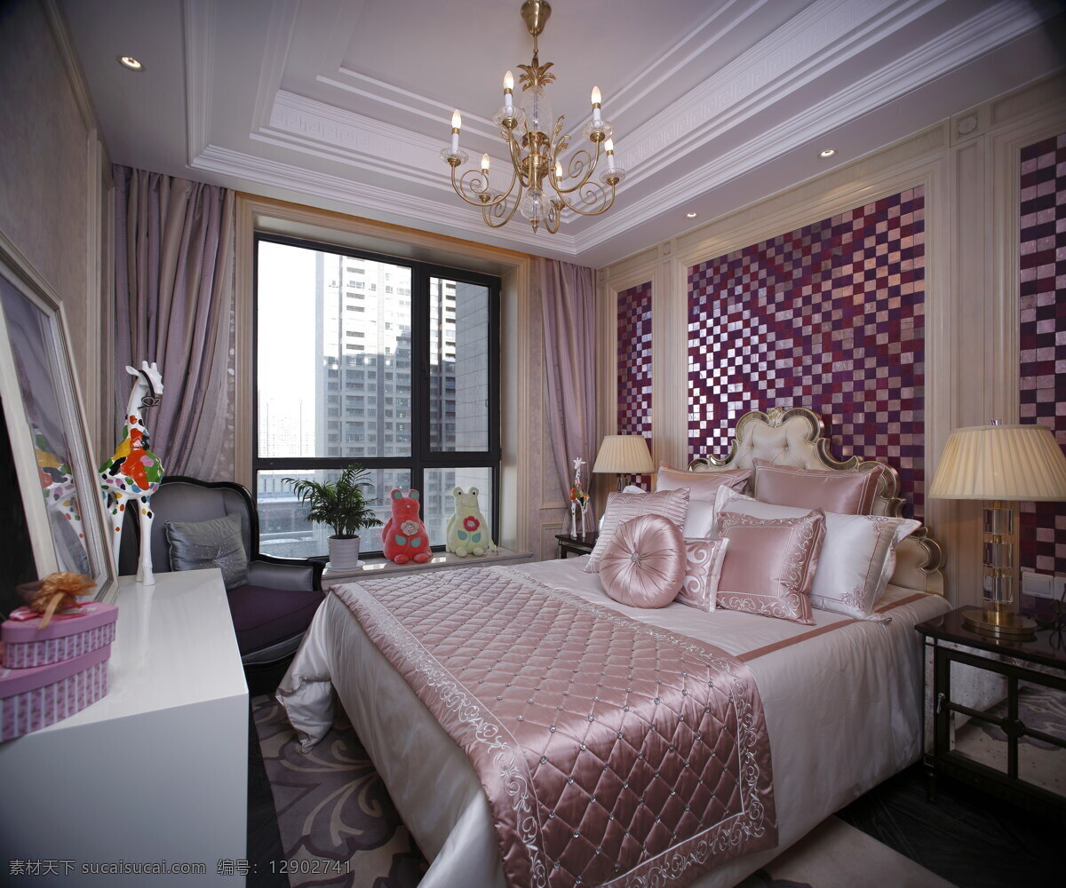 现代 浪漫 卧室 粉 紫色 背景 墙 室内装修 效果图 卧室装修 木地板 浅色台灯 粉色抱枕