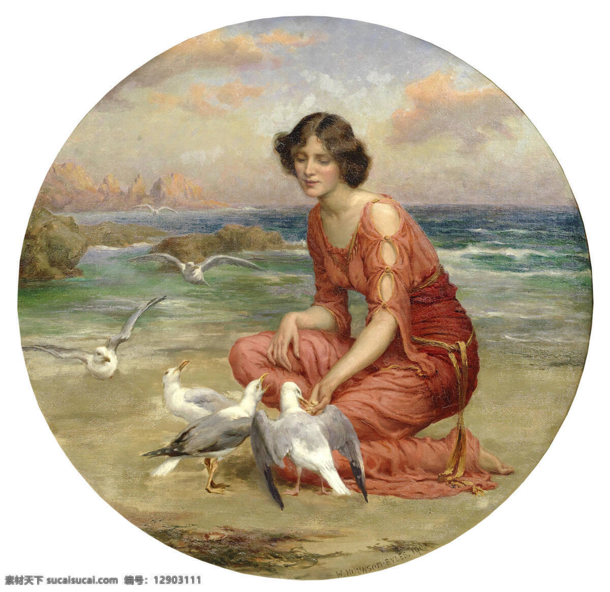 喂鸟油画 美女 海滩上 喂食海鸥 大海 19世纪油画 油画 文化艺术 绘画书法